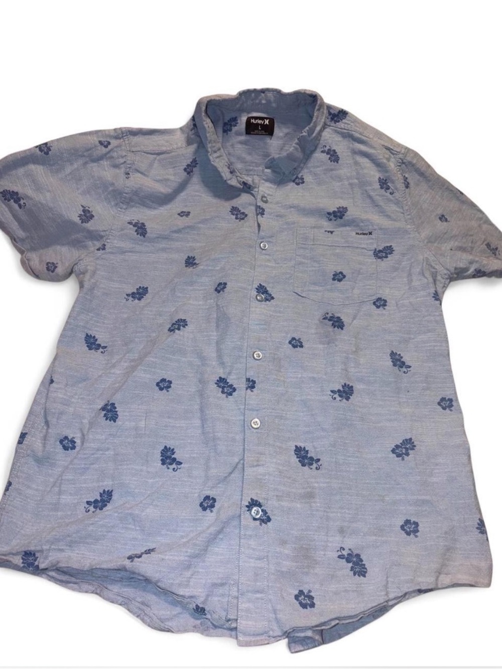 Hurley Light Blue Short-Sleeve Button-Down Shirt with Navy Floral Print